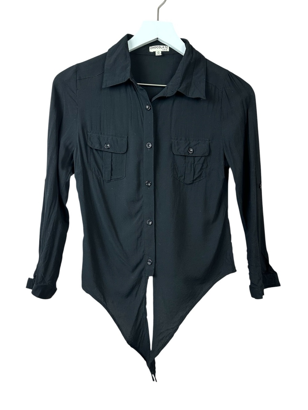 Chocolate USA Black Button Down Front Tie Shirt Women Sz S